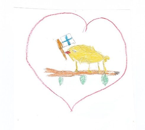 11-vuotiaan Suomussalmelle vastikään saapuneen pakolaislapsen piirros. 